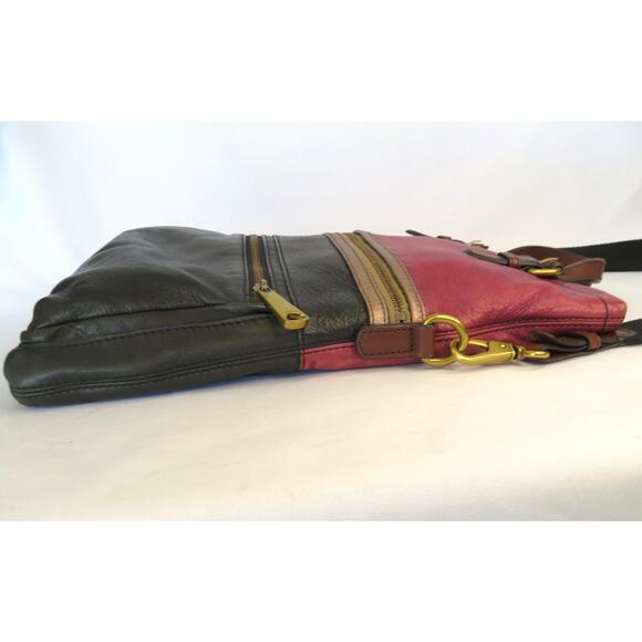 Vtg. FOSSIL Explorer Leather Tote Crossbody Shoulder Bag Black/Mauve - Picture 7 of 11